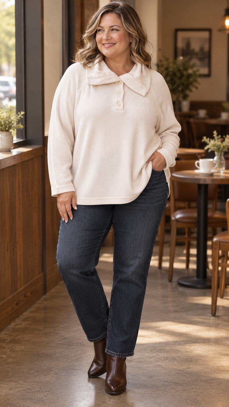 Vintage Liz Claiborne Woman 1X Cream Ribbed Cowl Neck Henley Pullover